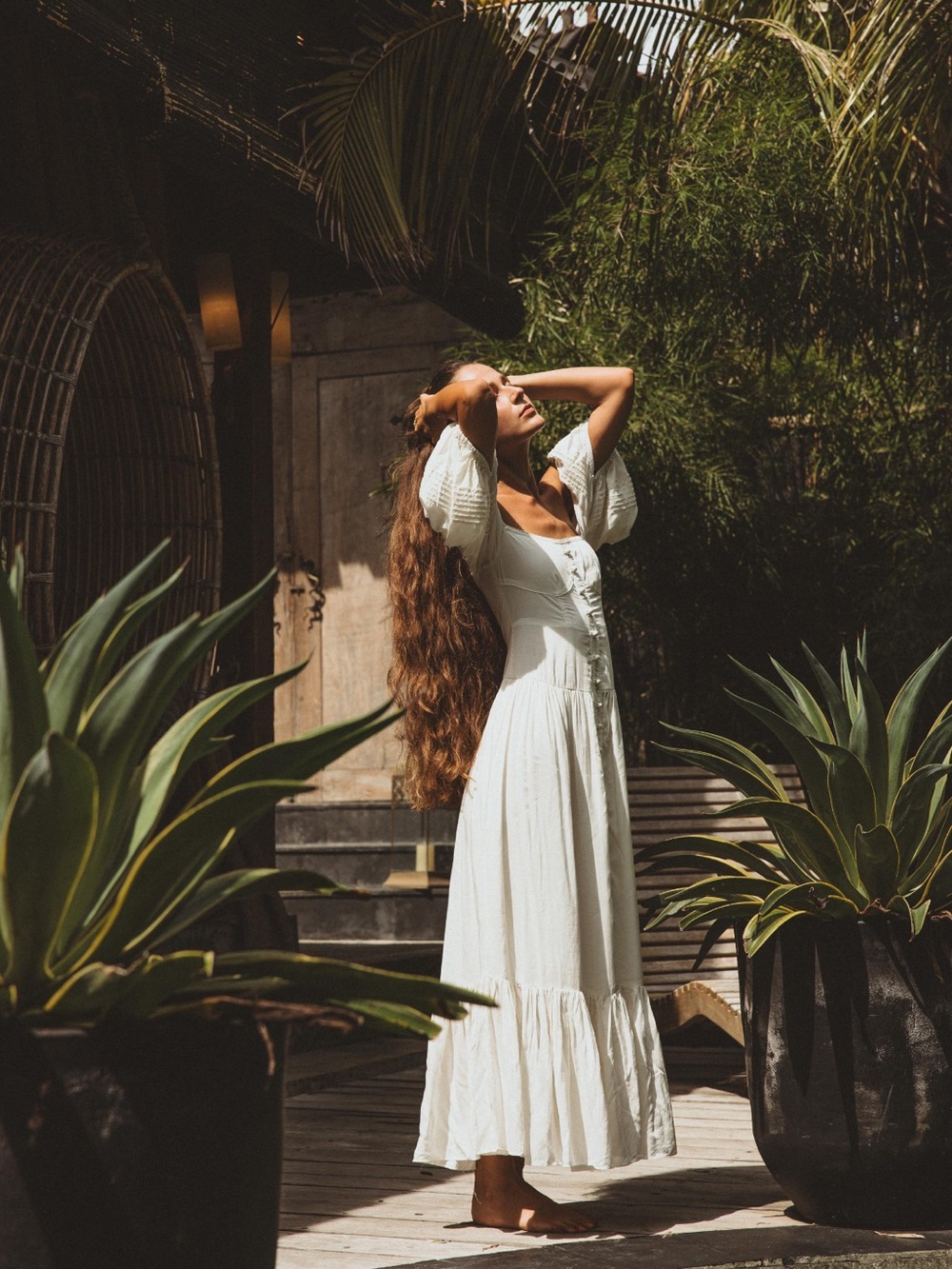 Norma Kamali White Midi Button-Front Puff Sleeve Dress